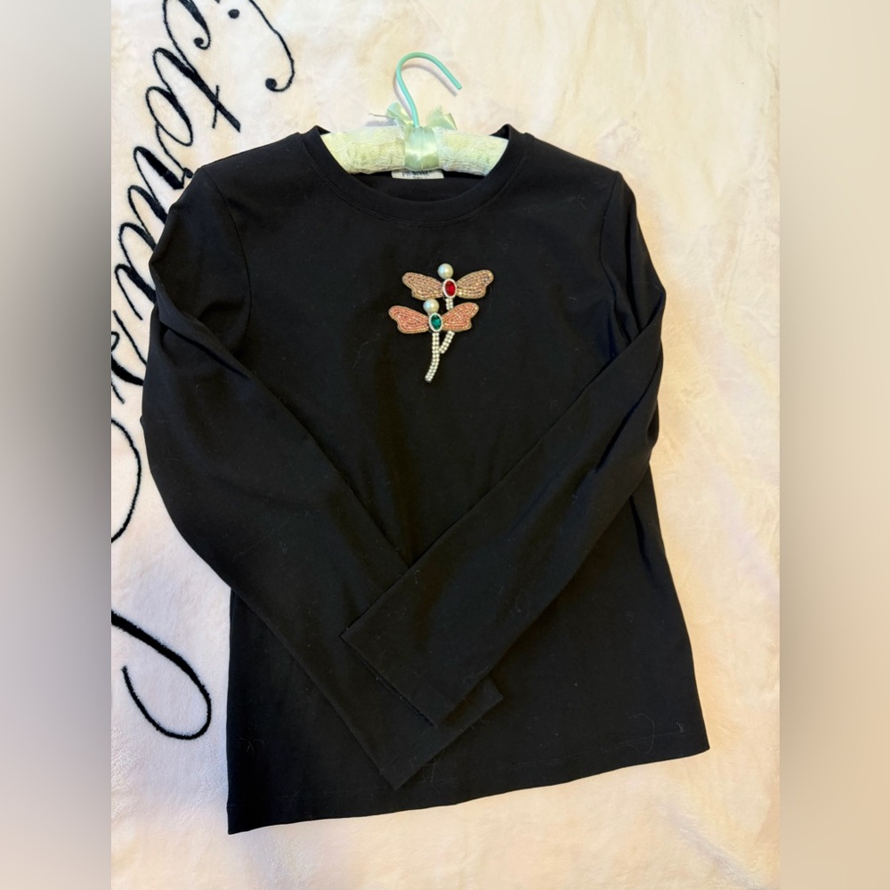 Girls' Black Long-Sleeve Top with Gem Dragonfly Accent